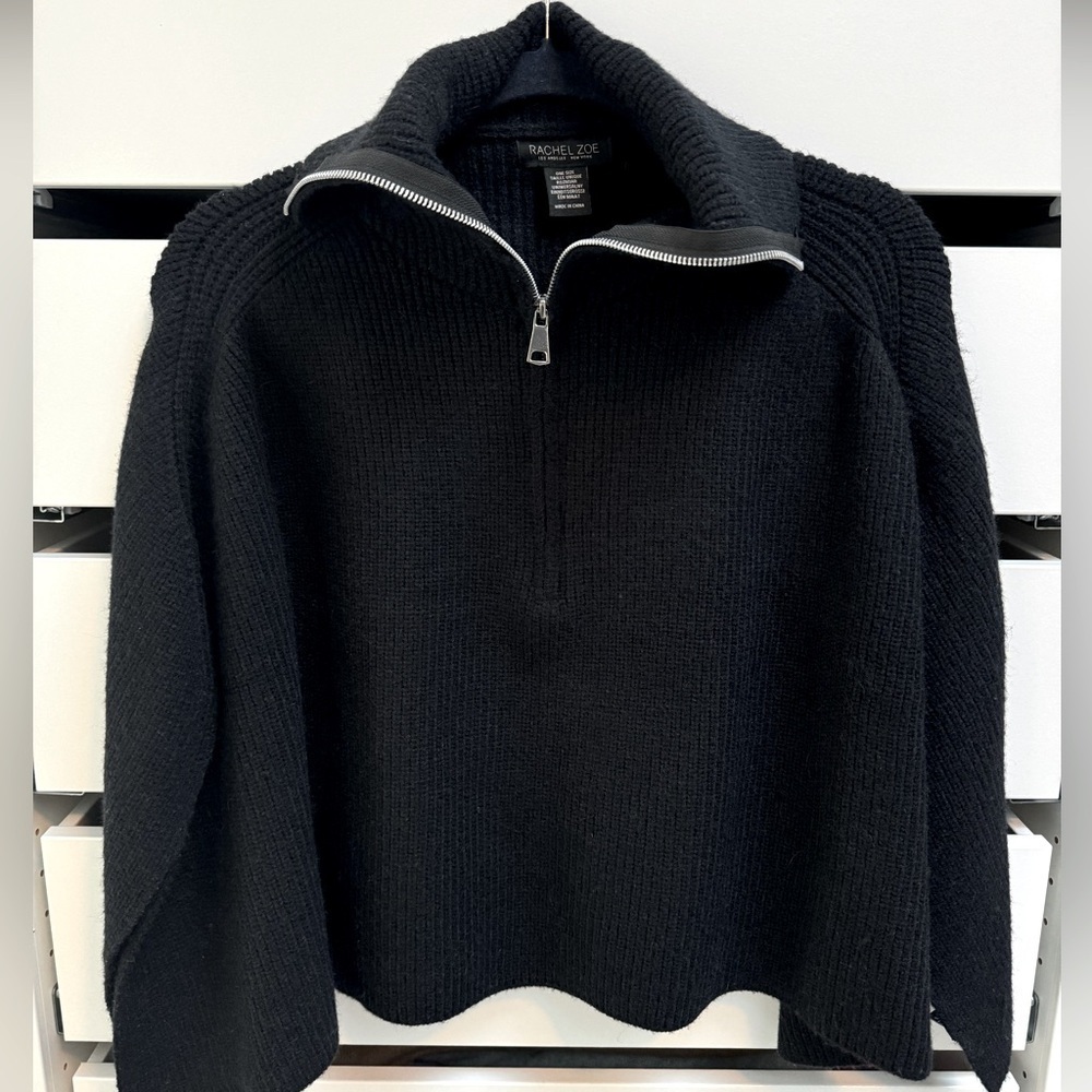 RACHEL ZOE Ribbed Sweater Knit Quarter Zip Capelet Shawl One Size